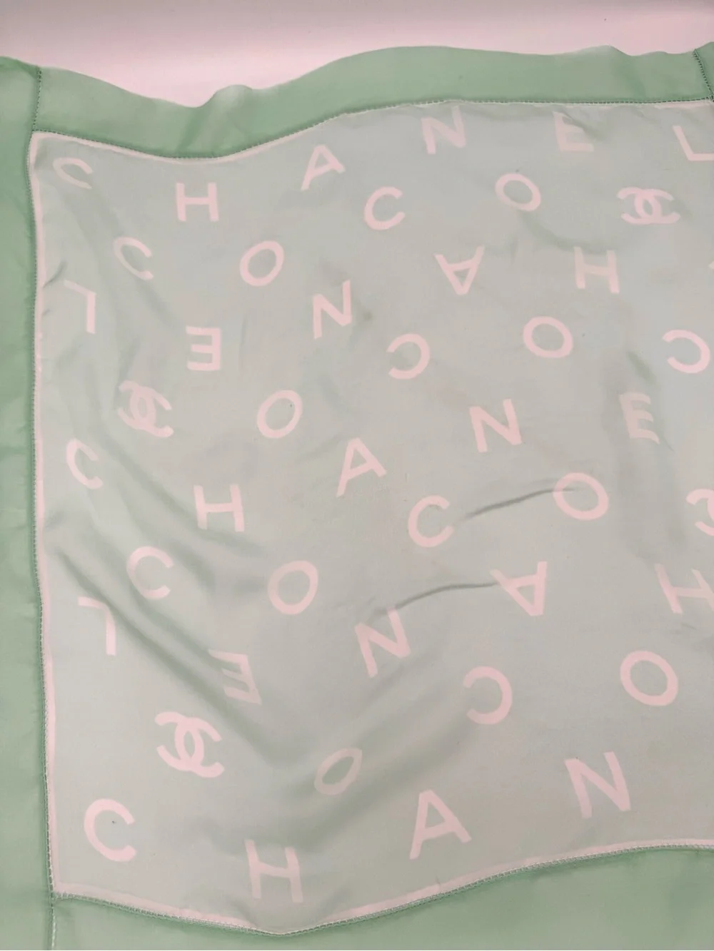 Vintage CHANEL 100% Silk Scarf Mint Green Logo CC Letter Print Made in Italy